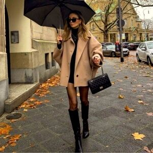 Zara Jackets & Coats | Zara Manteco Oversized Cropped Wool Coat | Beige/Camel